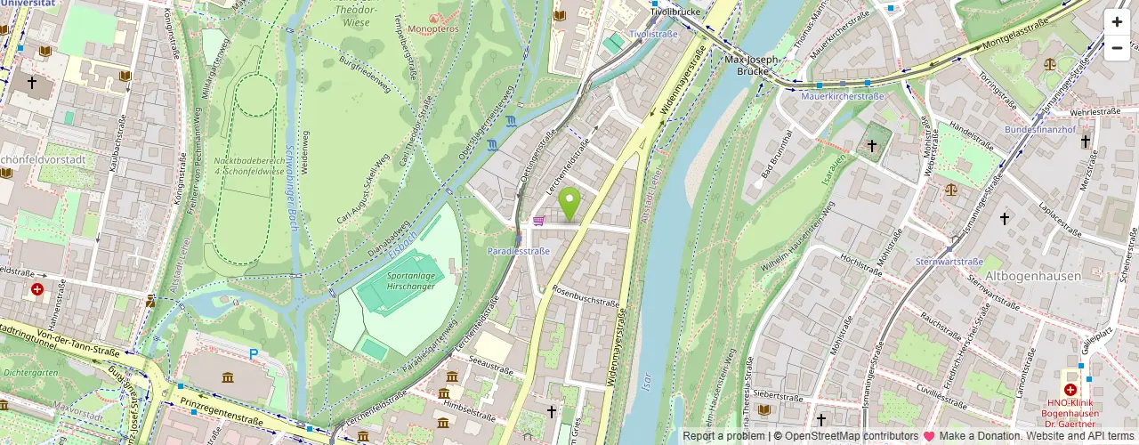 Kartenausschnitt von München rund um die Paradiesstraße 9–10 im Lehel – Standort der Principia Mentis GmbH zwischen Eisbach und Isar